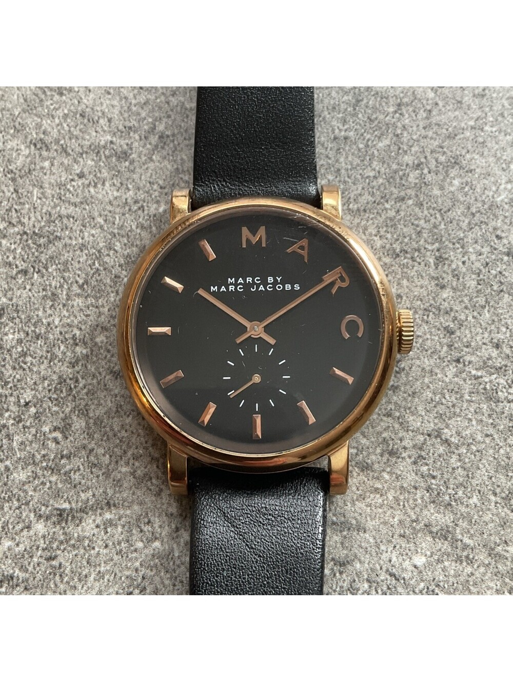 Marc Jacobs Womens Watch 36mm Rose Gold Tone Case Black Leather Band MBM8633 D2